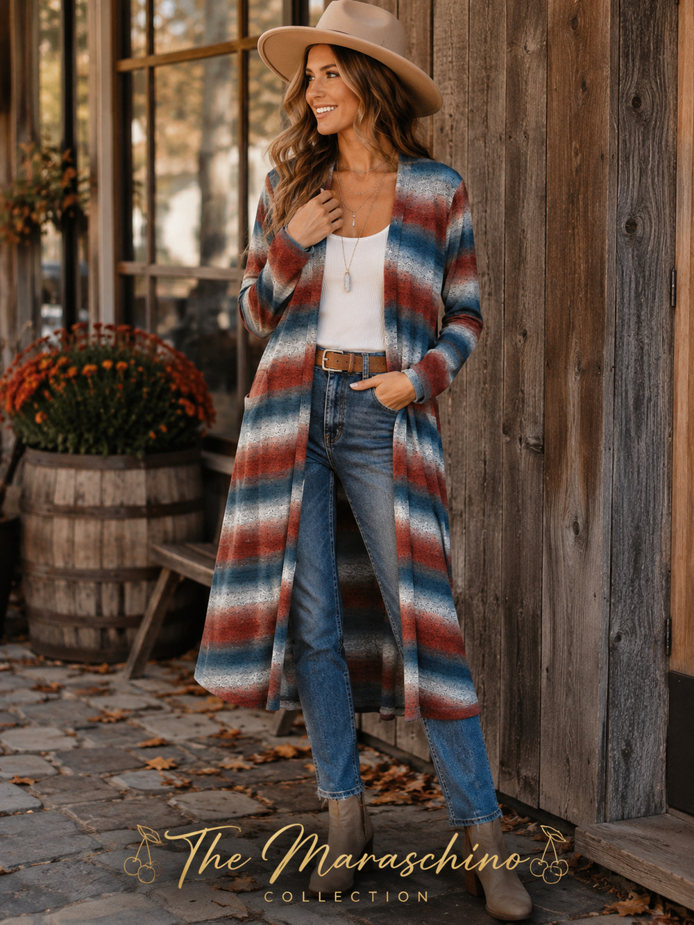 Maurices Ombre Striped Long Duster Cardigan Boho Open Front Rust Blue Large